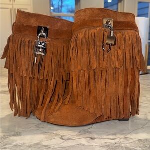 Shark Lock Brown Suede Fringe Ankle Boots